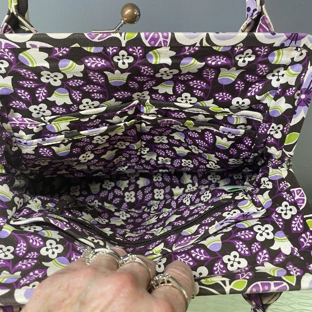 Vera Bradley Eloise-Plum Petals-Hand Bag Purse Kiss-Lock Double Straps W/Wallet